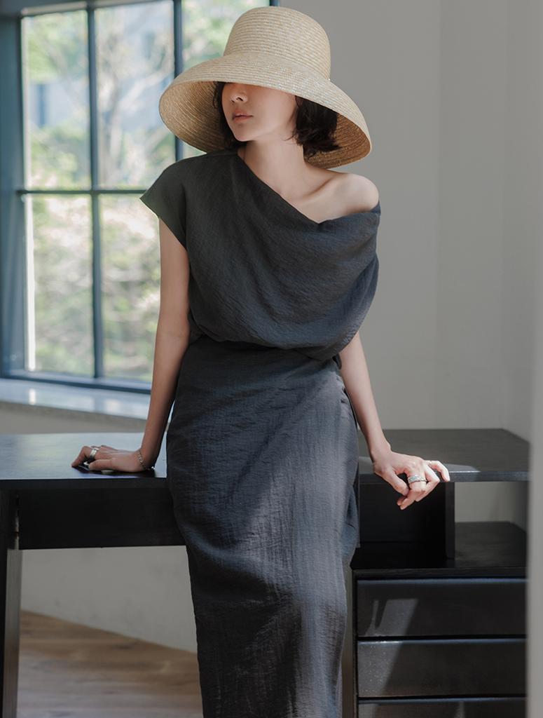 Memua Linen Blend Blouse & Wrap Skirt Set (Black)