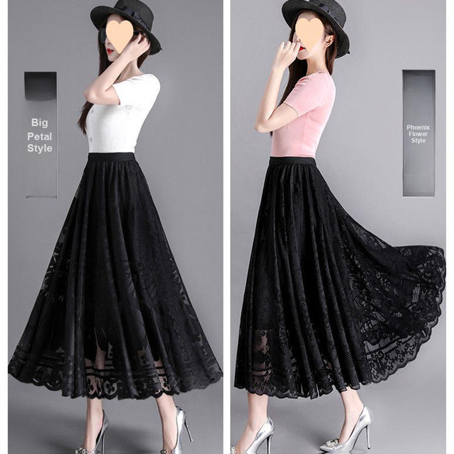 Trendy Lace Trim Long Maxi Skirt, Slimming Effect Mesh Fairy Ruffles Dress