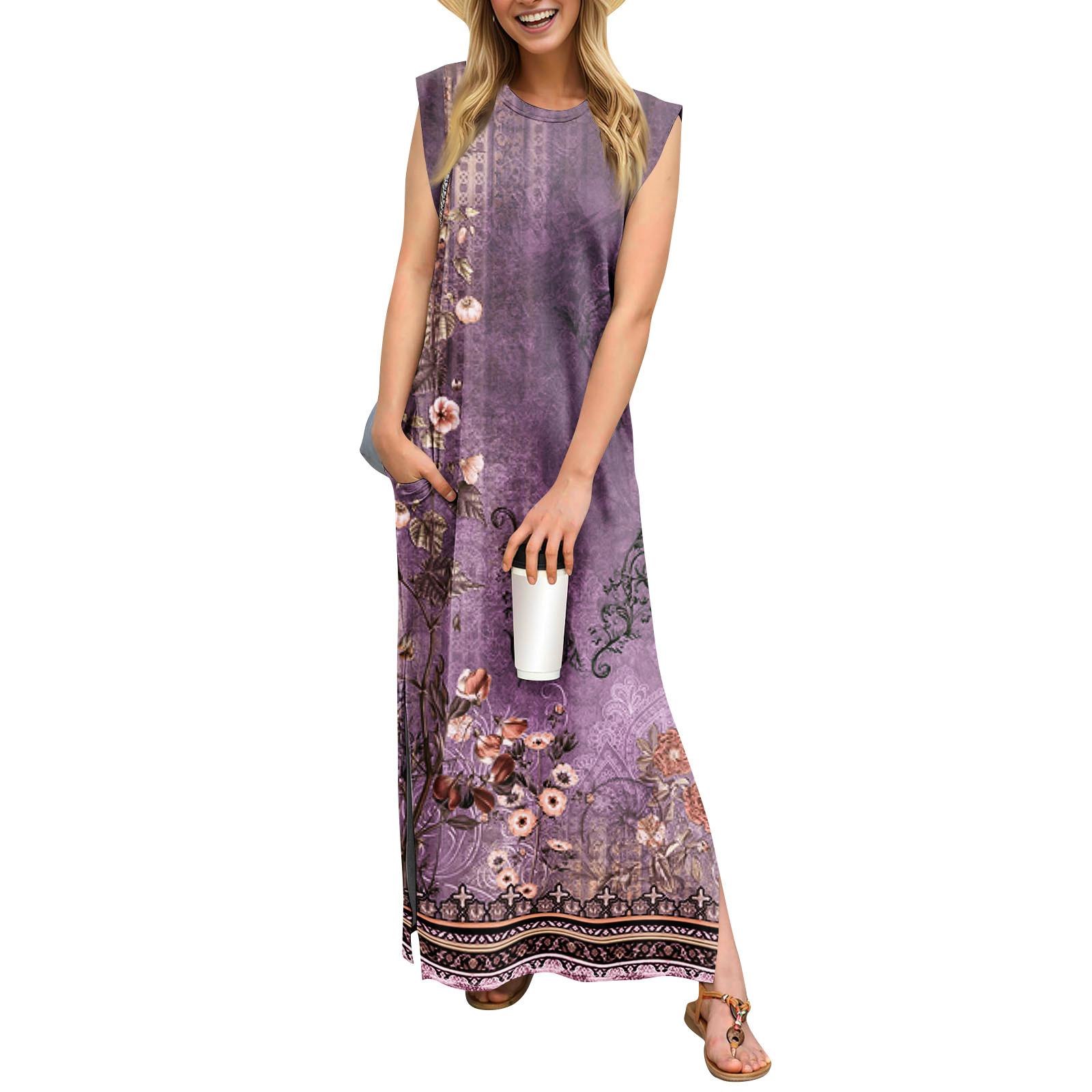 

Летние платья для женщин с круглым вырезом, повседневные свободные, с принтом, без складок, длинное пляжное платье макси с карманами S