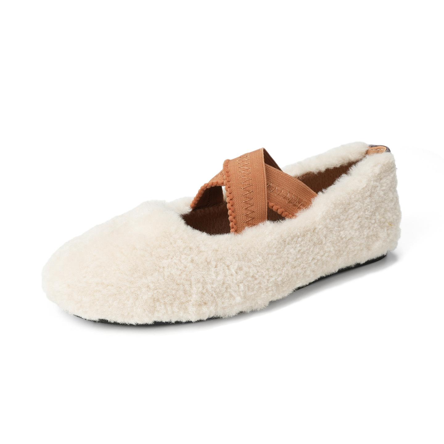 

Winter Short Plush Fur Ballet Flats Shoes for Women Cross Tie Elegant Warm Fleece Mary Janes Shoes Ladies Round Toe Comfortable 43 абрикосовий