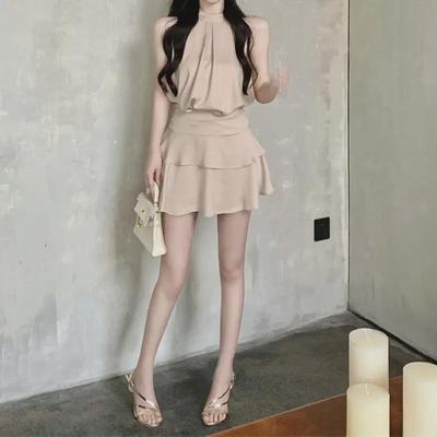Petite Summer Two-Piece Skirt Suit: French Halter Neck Camisole with Ruffled Skirt.