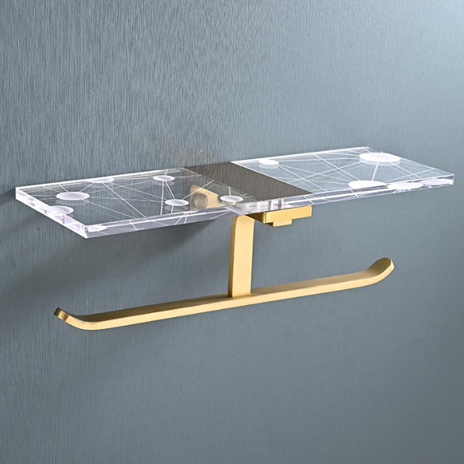 Gold Toilet Paper Holder with Shelf Black Aluminum Creative Acrylic Double Paper Towel Rack Tissue Hanger for Bathroom Kitchen