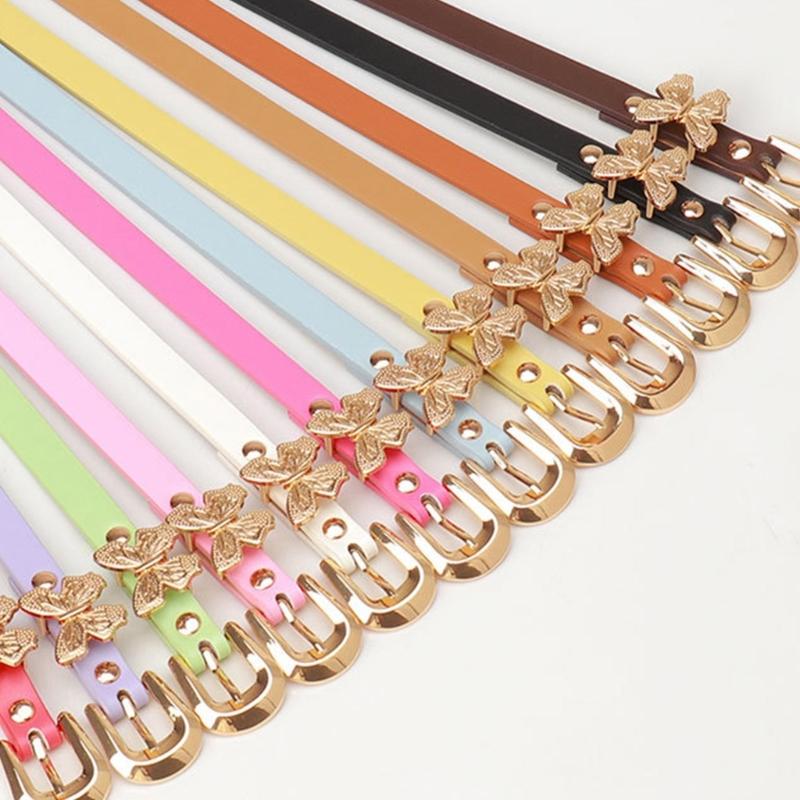 Stylish Gold Butterfly Decorated PU Leather Waist Belt Adjustable Length Waistband Sash for Dresses and Daily Outfits