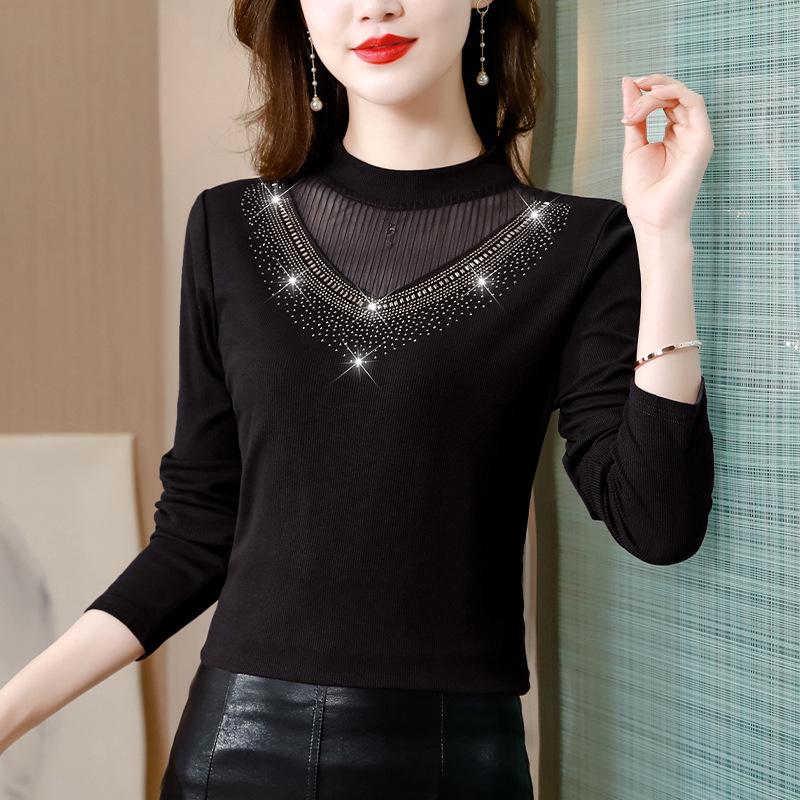 2023 Autumn/Winter Slim Half-High Collar Shirt with Stylish Hot Diamond Detailing