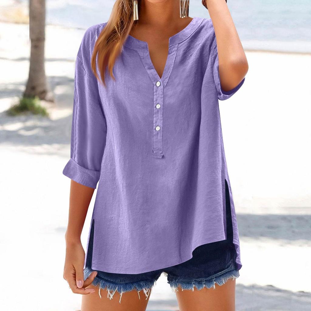 Women's Casual V-Neck Button Down Shirt Solid Color Long Sleeve Hem Split Cotton Blouse
