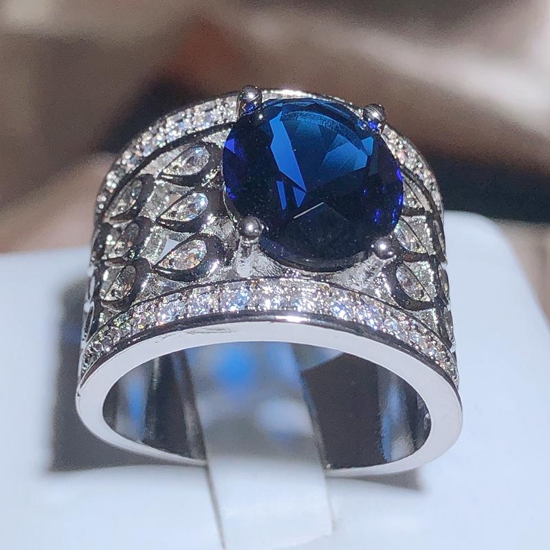 Hollow Blue Zircon Wedding Ring for Women Water Drop Net Shape Micro-inlaid Simulation Simple Jewelry Full Drill Engagement Ring