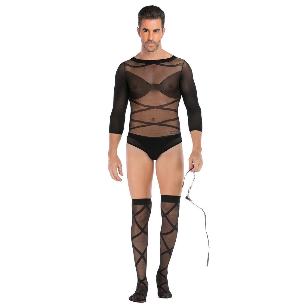 Men's Plus Size Open Crotch Fishnet Bodysuit Temptation Costume Set