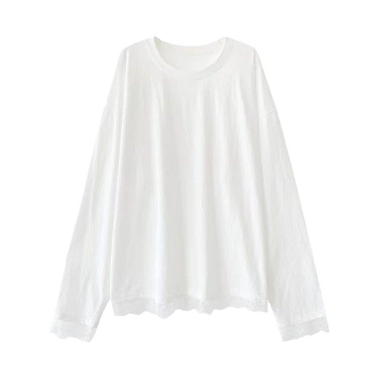 White splicing lace medium and long-sleeved t-shirt 2025 spring and autumn new loose inner bottoming shirt top