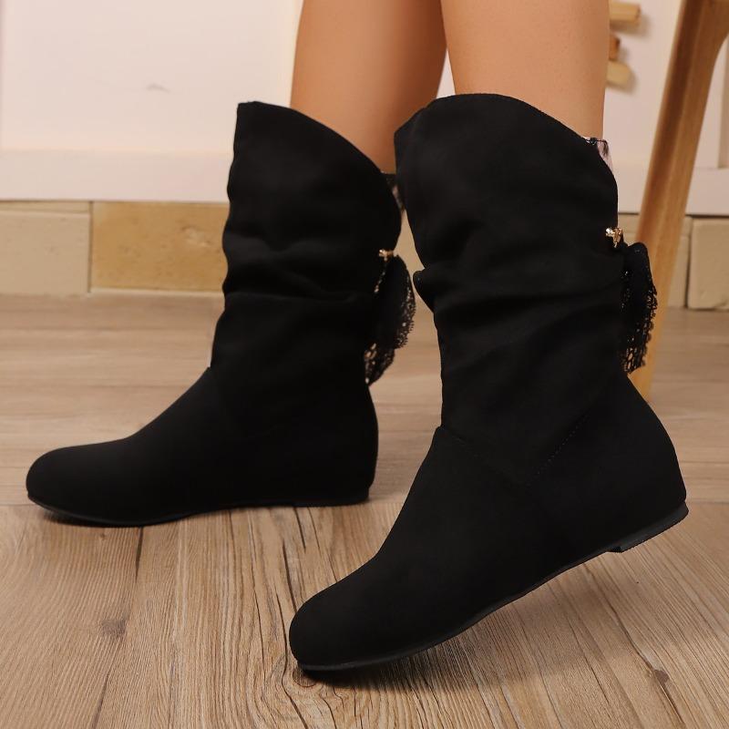 Fashion Fashion Lace Lace-Up Back Mid-Thigh Boots Women's Plus Size Suede Round Toe Sleeve Flat Skinny Boots