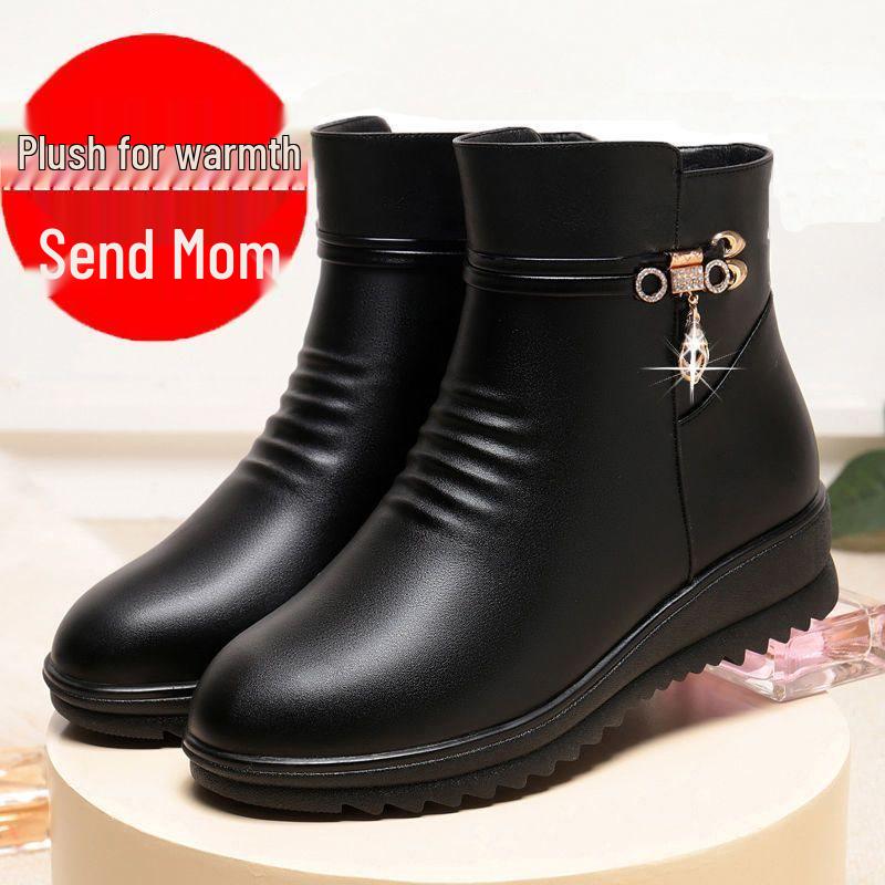 Hřejivé protiskluzové boty z měkké kůže: Zimní bavlněné boty pro ženy středního až staršího věku