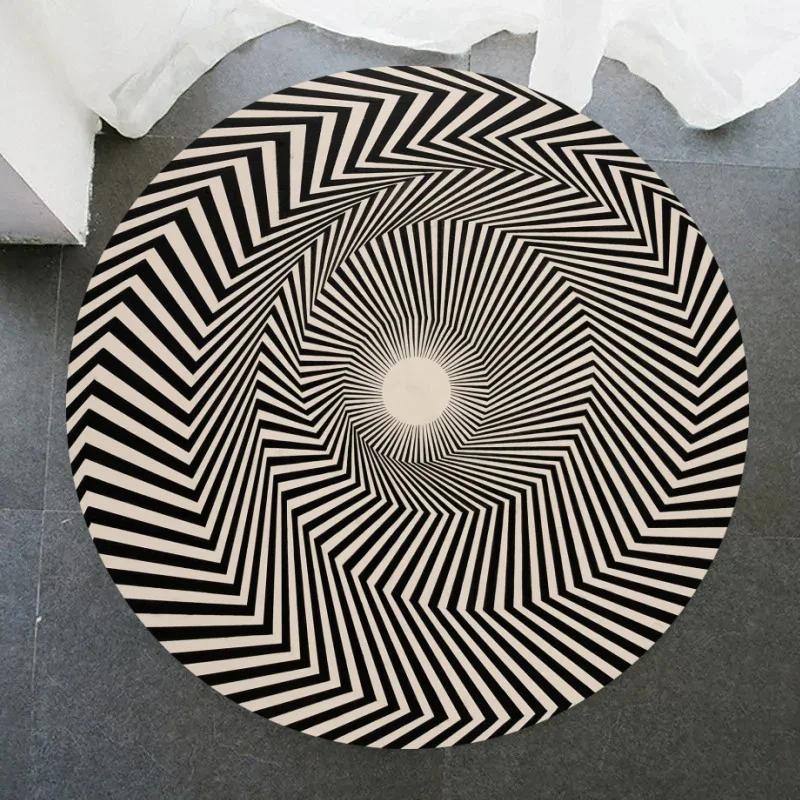 Crystal Velvet Psychedelic Round Rug,Black  White Geometric Illusion Print Non Slip Floor Mat for Living Room,Coffee Table,Decor