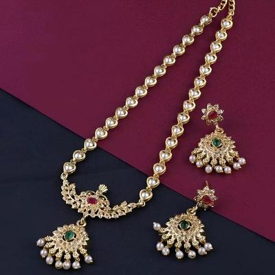 Conjunto de Colar para Mulheres | Conjunto de Joias Banhadas a Ouro | Conjunto de Joias Florais para Haldi | Conjunto de Joias de Templo para Mulheres