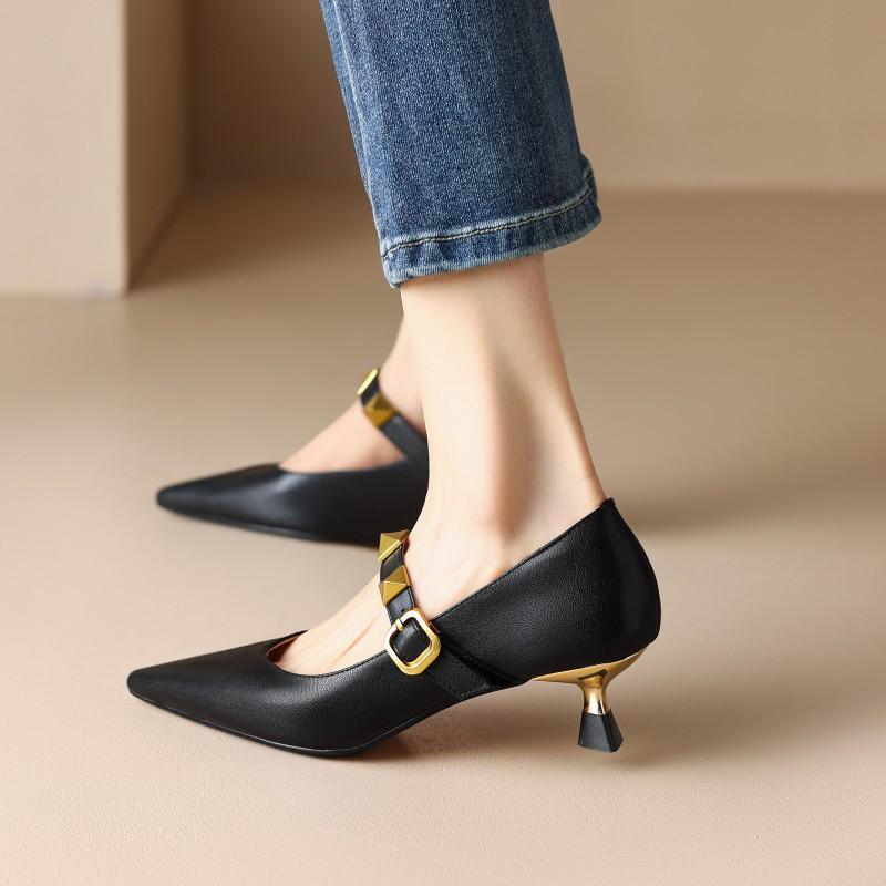 

Fashion Women High Heels 2025 Summer New Fashion Buckle Strap Metal Decoration High Heels Non Slip Pointe Thin Heels Women Summer Shoes 35 чёрный