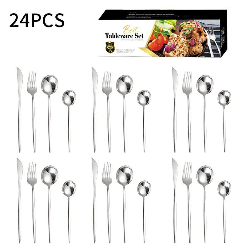 

24PCS Knife Fork Spoon Set Steak Western Food Shiny Simple Stainless Steel Bamboo Handle Home Tableware