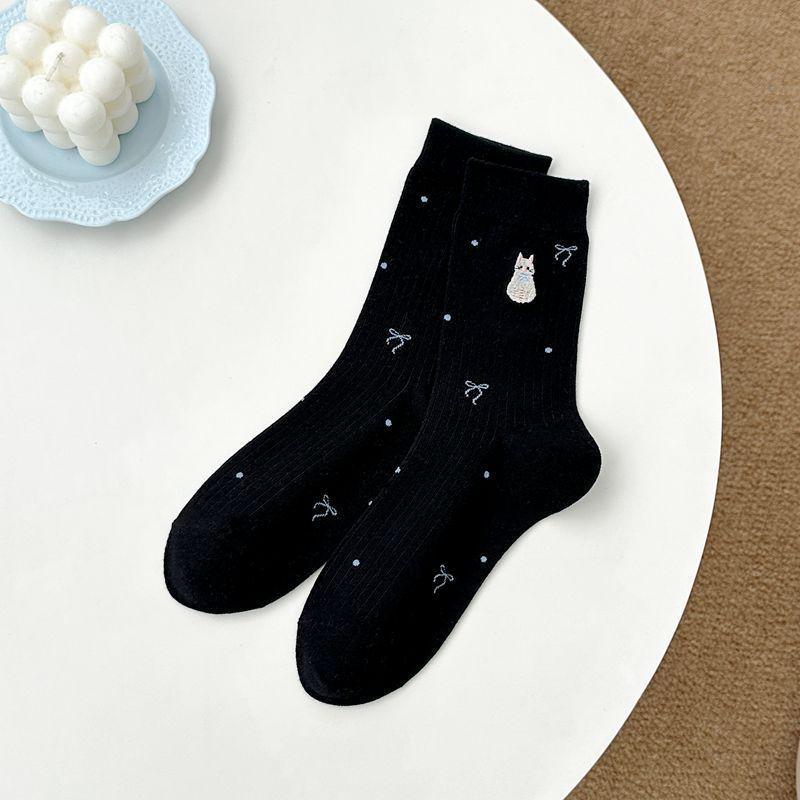 Zhuji Women's Cute Cartoon Embroidered Mid-Calf Cotton Socks, Preppy Style