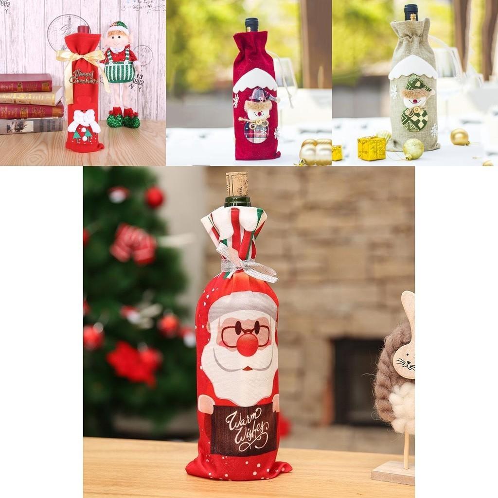 Charming Red Wine Bottle Cover Bags With Santa Claus And Snowman For Holiday Cheer