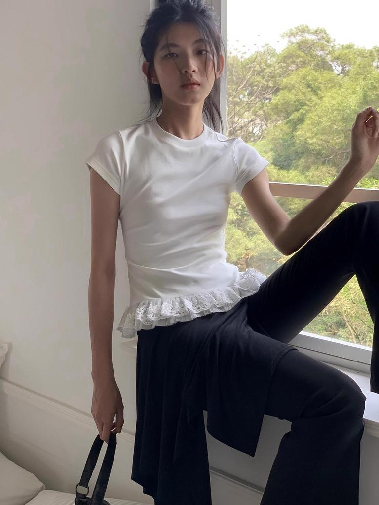 Women's White Lace-Trimmed Ballet-Style Slim Fit Short Sleeve T-Shirt - Summer 2025 Collection