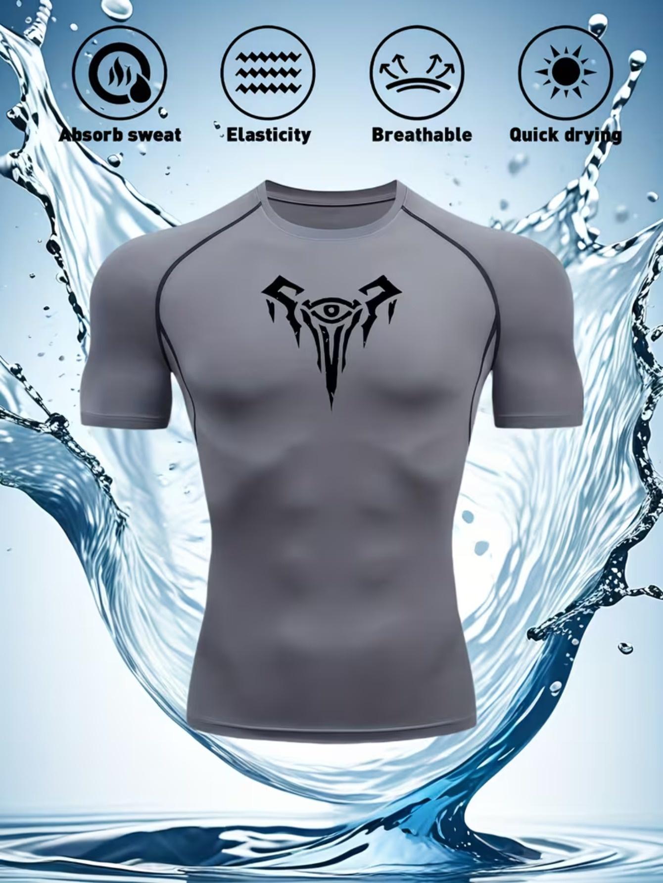 Men s Grey Tribal Eye Print Compression T-Shirt, Quick Dry Breathable Workout Top S