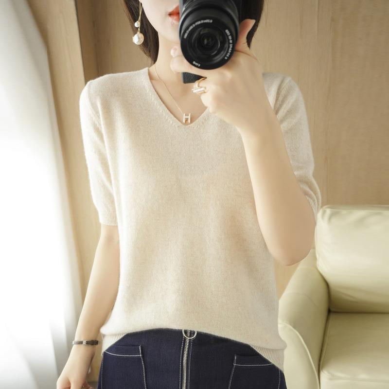 GMXIA Spring Short-sleeved Women's Fashion Sweater Sweater Knit V-neck Half-sleeved Fashion Everything Loose Base T-shirt