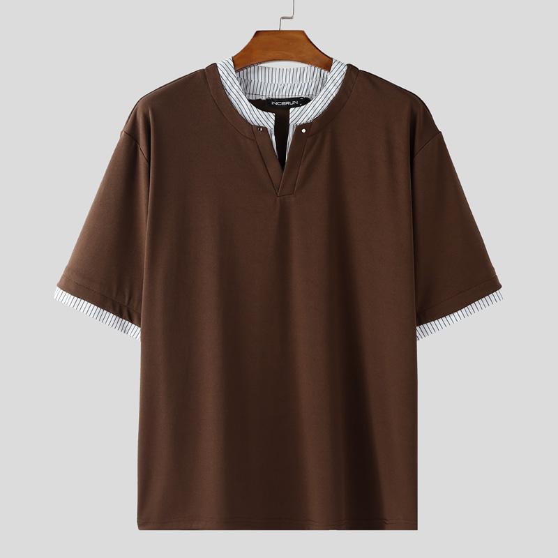 

INCERUN Men s Short Sleeve Casual Striped Patchwork Oversized Tops T-shirts XL коричневый