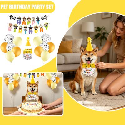 Pet Birthday Party Decoration Kit Includes Happy Birthday Banner with Dog Faces Paw Print Balloons Party Hat and Birthday Bib for Pets