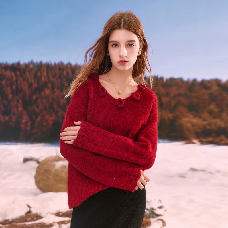 Sancai Women's V-Neck Floral Knit Sweater