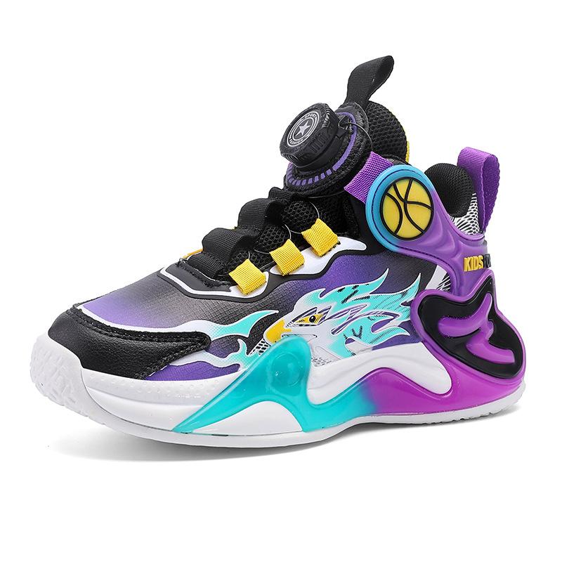 New boys spring button non-slip basketball shoes children 2025 running shoes rotating shoes sports shoes middle and old children