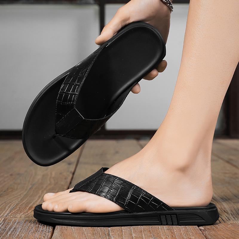 Golden Sapling Flip Flops Men's Slippers Genuine Leather Party Shoes Men Casual Flats Summer Beach Slides Leisure Shoe
