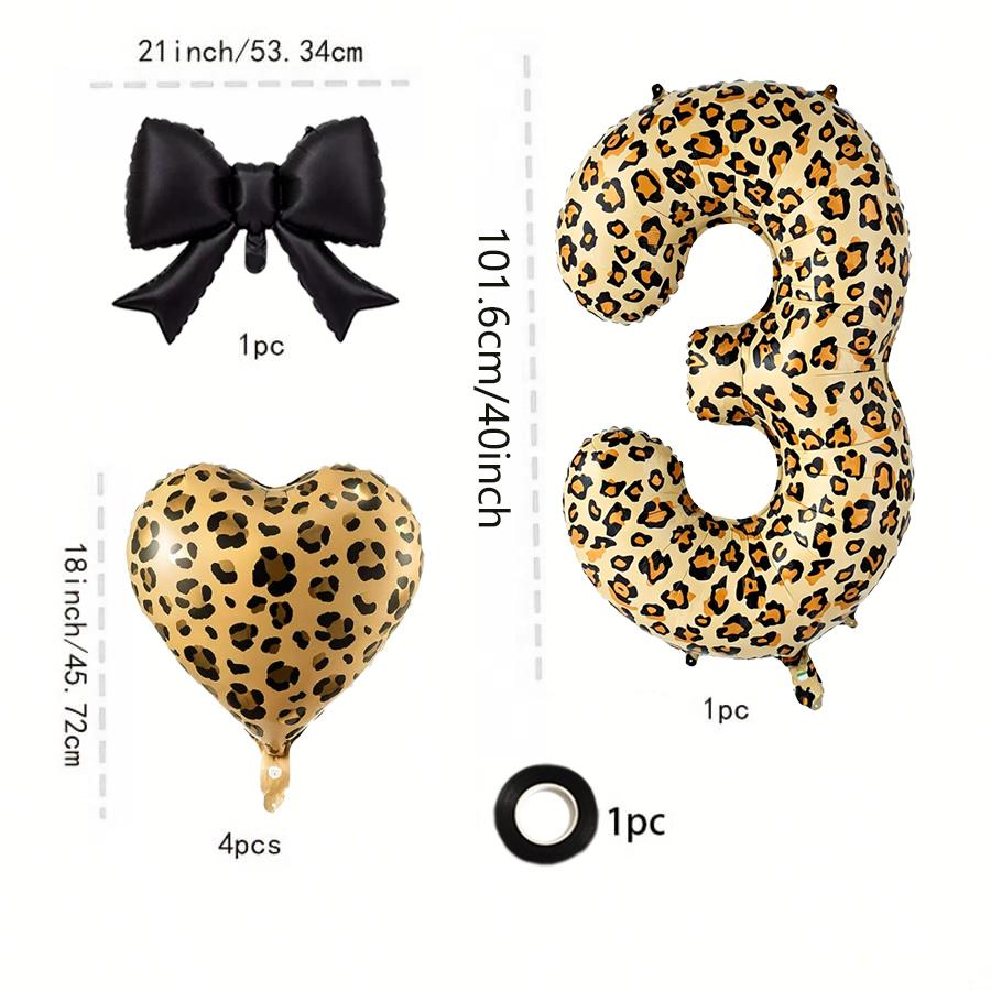 Leopard Print Number Foil Balloon 0-9 with Black Bow Leopard Print Heart-shaped Balloon for Birthday Anniversary Party Decor