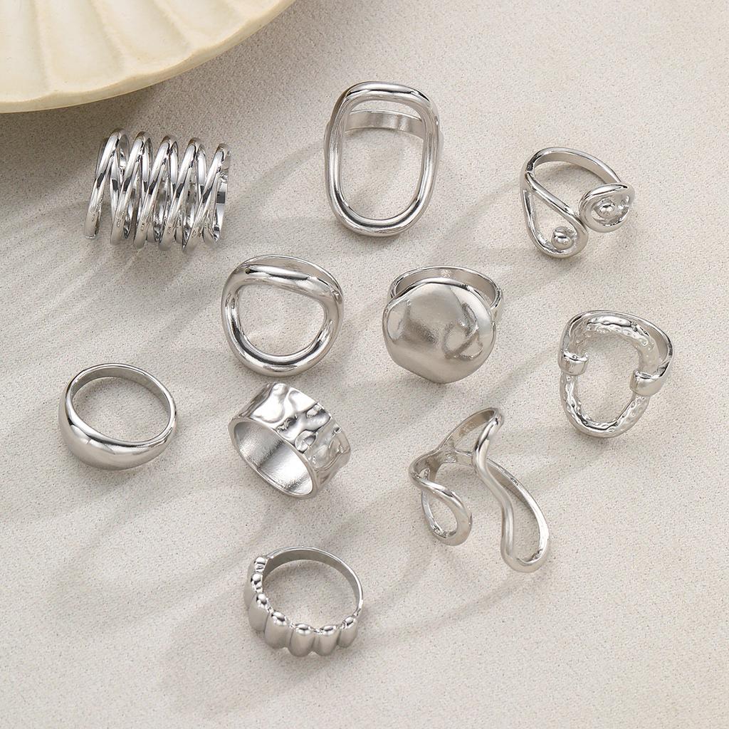 10Pcs/Sets Hiphop Irregular Hollow Arc-Shaped Rings for Women Men Punk Gothic Smooth Opening Rings Set Party Jewelry Accessories