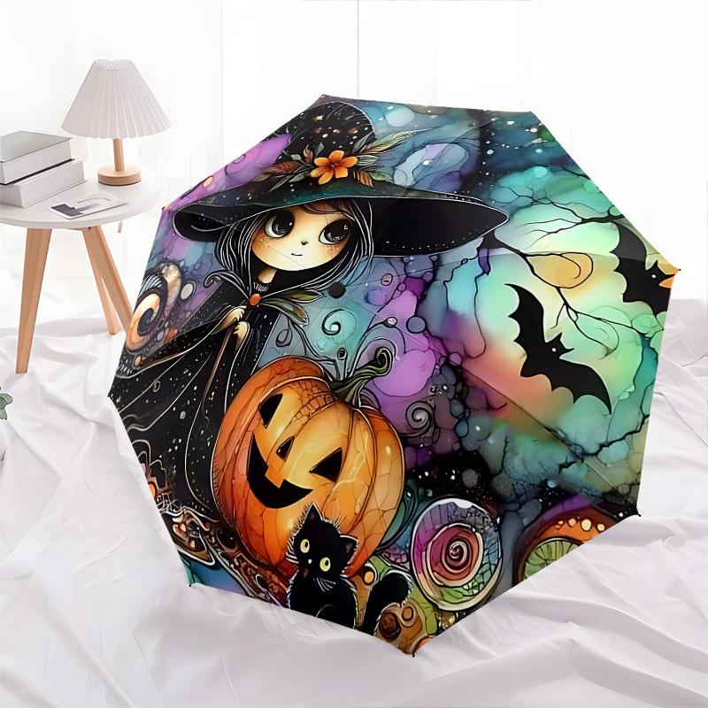 1pc Halloween, Witch Themed Umbrella, 8 Rib Frame,Automatic Opening 3 Fold Umbrella, Lightweight and Durable Couple Umbrella-114