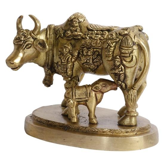 Cow and Calf Statue Brass Kamdhenu Vastu Devta Carving on Gau MATA Idol, Vastu Nandi Pooja Figurine Sculpture, for Home and Office
