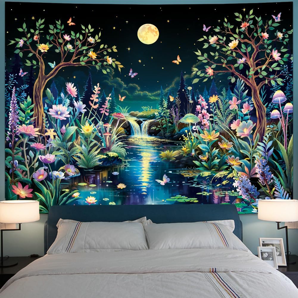 Serborlur Blacklight Fantasy Forest Tree Tapestry UV Reactive Floral Plant Tapestries Trippy Moon Butterfly Wall Art Decor Nature Landscape Wall