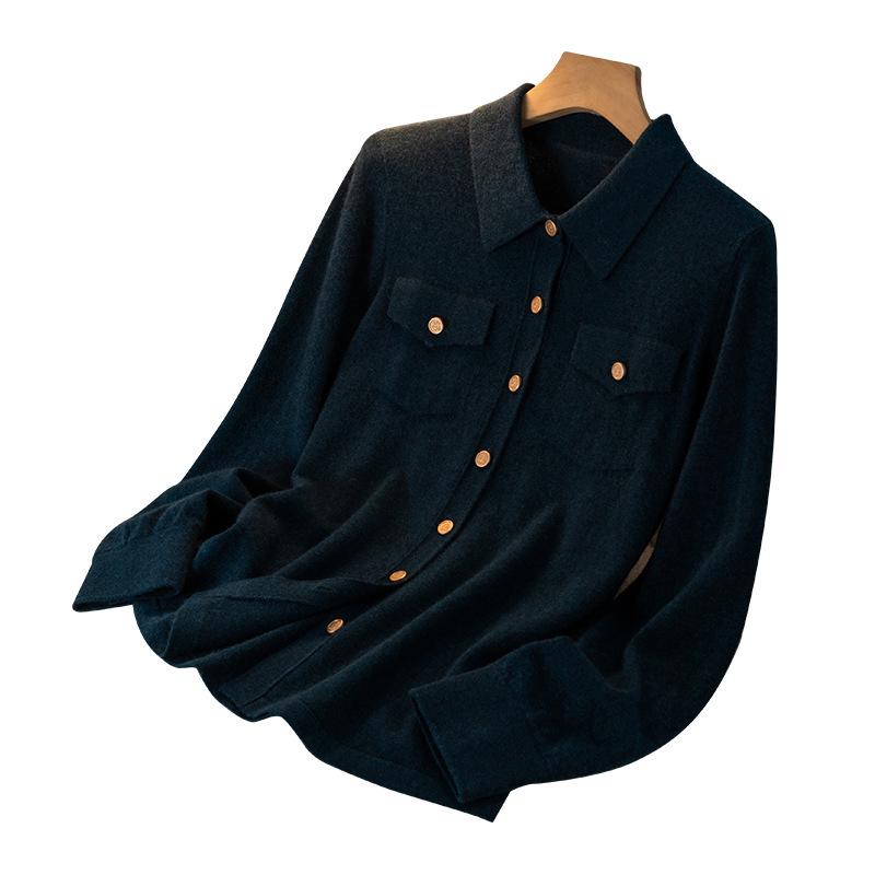 2025 Fall/Winter Women's Cashmere Polo Collar Tie-Up Cardigan with Long Sleeves