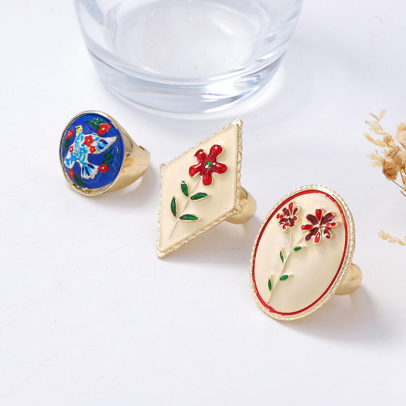 Vintage Court Style Carved Colorful Drip Oil Rings for Women Men Exaggerated Temperament Opening Rings Party Jewelry Accessories