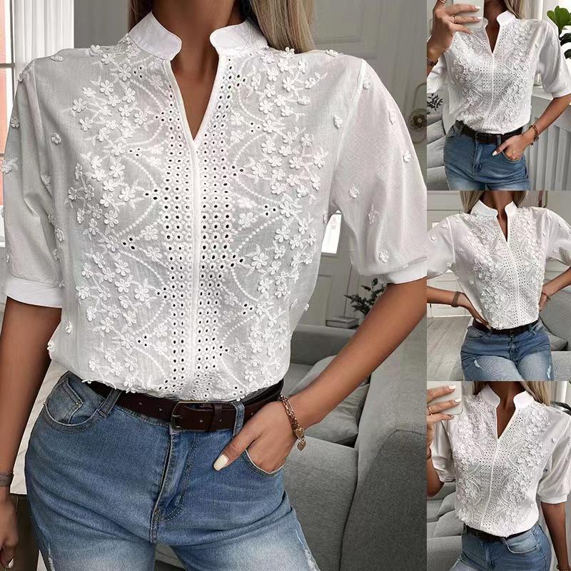 European and American Summer 2024 Women's V-neck Embroidered Lace Top Shirt