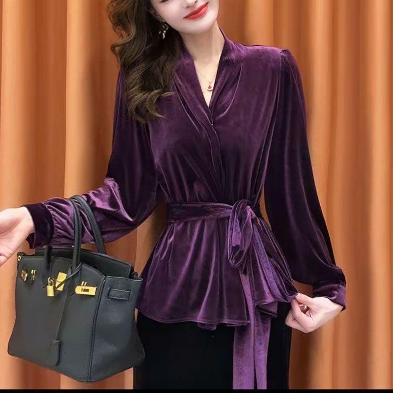 Pure Desire Women's French Style Velvet Tie-Up Long Sleeve Top - Slimming and Flattering for Autumn/Winter