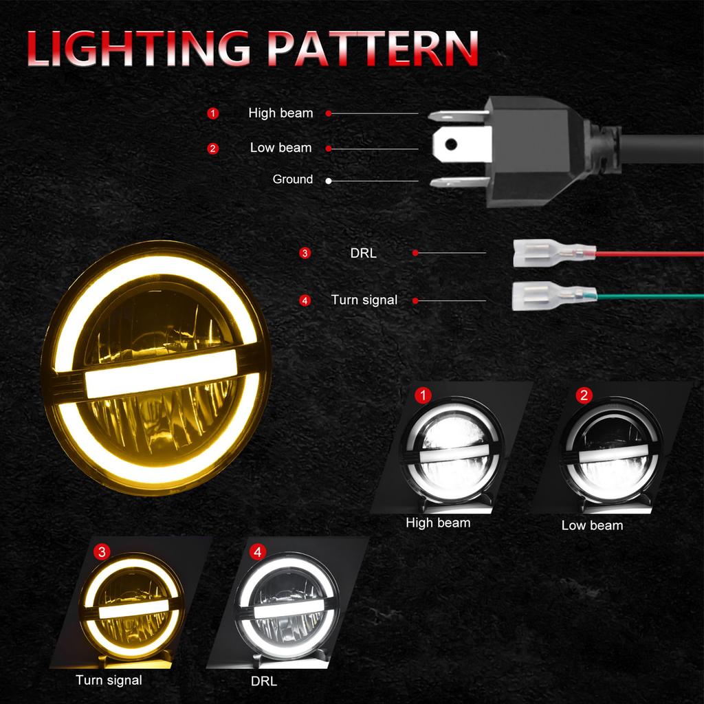 2 Pack Round LED Headlights, 7 Inch Headlamps with White High Low Beam, Amber Turn Signal, DRL, IP67 Rated, Compatible