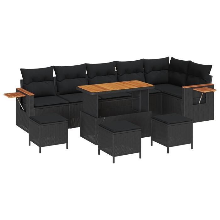 Ensemble de Canapé de Jardin 10 Pièces avec Coussins Noir Rattan Poly Acacia, Ensemble de salle à manger jardin Pièces 3363199