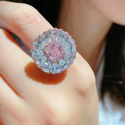 Super Shiny Full Diamond Colored Treasure Ring, Pillow-Shaped Argyle Pink Diamond Temperament Light Luxury Socialite Ring