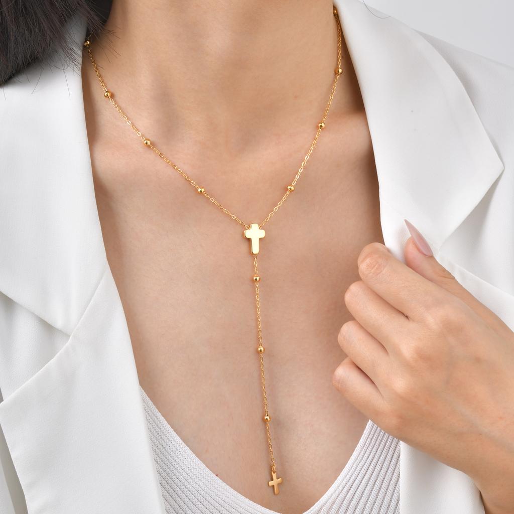 Wind-Plated 18K Gold Stainless Steel Bead Chain Cross Y-Shaped Necklace Female Nc-2522
