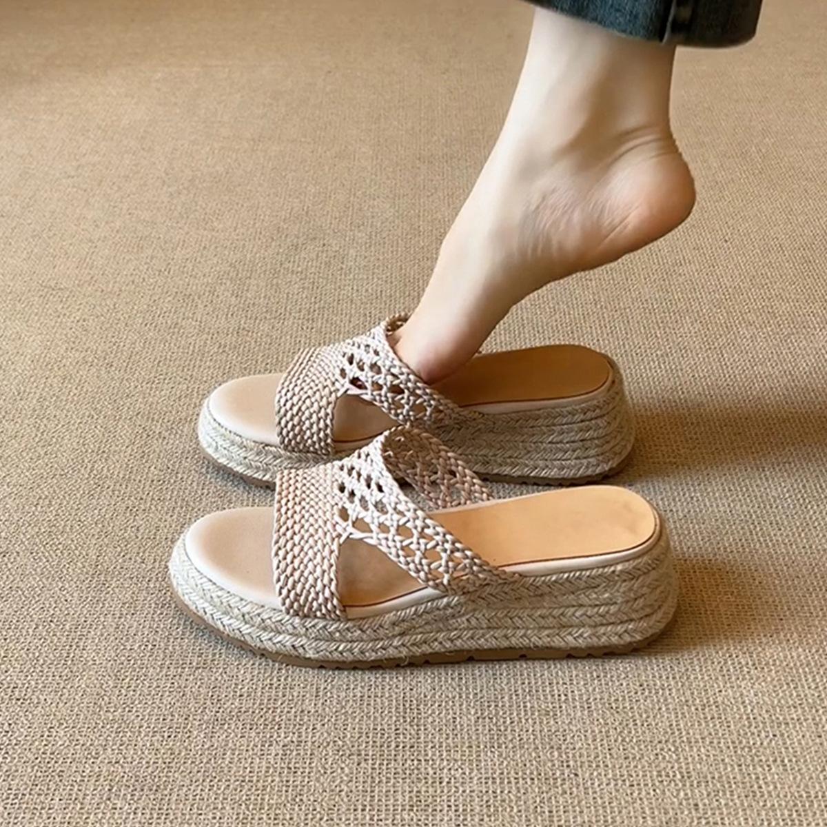 

Версия из овчины~ сандалии на толстой плетеной подошве с мягкой подошвой, женские ретро плетеные кожаные удобные туфли для通勤 в стиле рыбака с круглым носком 35 абрикосовый