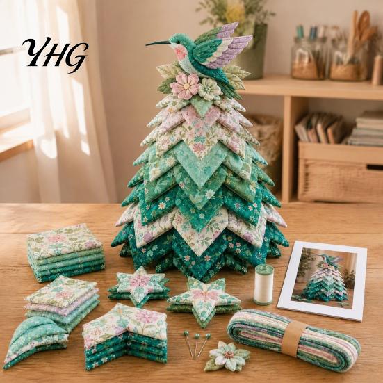 Home Decor Sewing Crafts Bird Christmas Tree Patchwork Kit, DIY Quilted Fabric Craft Unique Gift for Crafters Floral Handmade Centerpiece Holiday