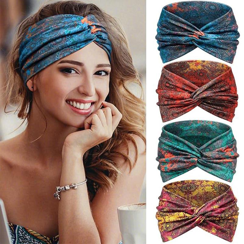 Boho styl Dámská široká čelenka Retro čelenka Elastický měkký turban Uzlovaný Vhodný na jógu Vlasové doplňky
