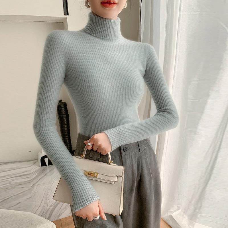 Women's High Neck Cashmere Ribbed Sweater - Slimming, Versatile Knitwear for Autumn and Winter