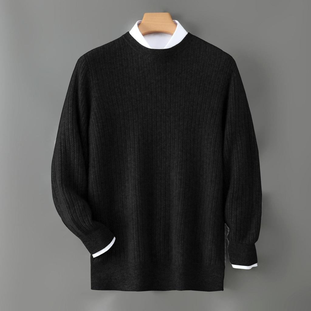 Men's Casual Round Neck Jacquard Wool Sweater - Loose Fit Pullover