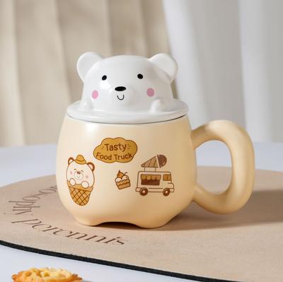 Geschenk Niedliche Cartoon-Tasse mit gierigem Bären, Keramiktasse mit Deckel, Set mit Becher und Löffel, Haushaltswassertasse für Mädchen