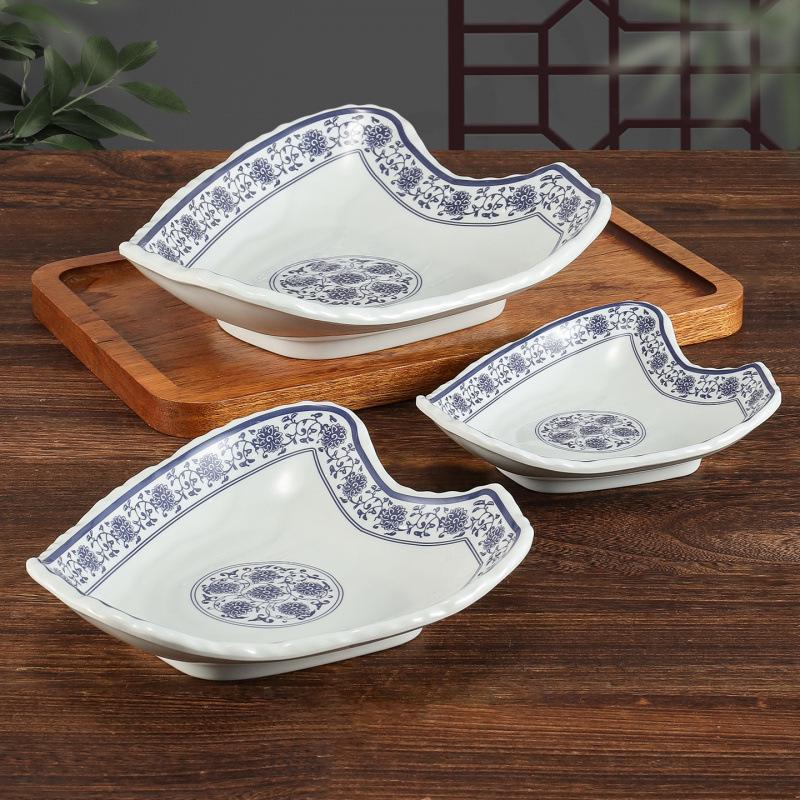 Blue and White Melamine Porcelain Plate - Irregular Shape Retro Cold Dish for Restaurants and Hotels