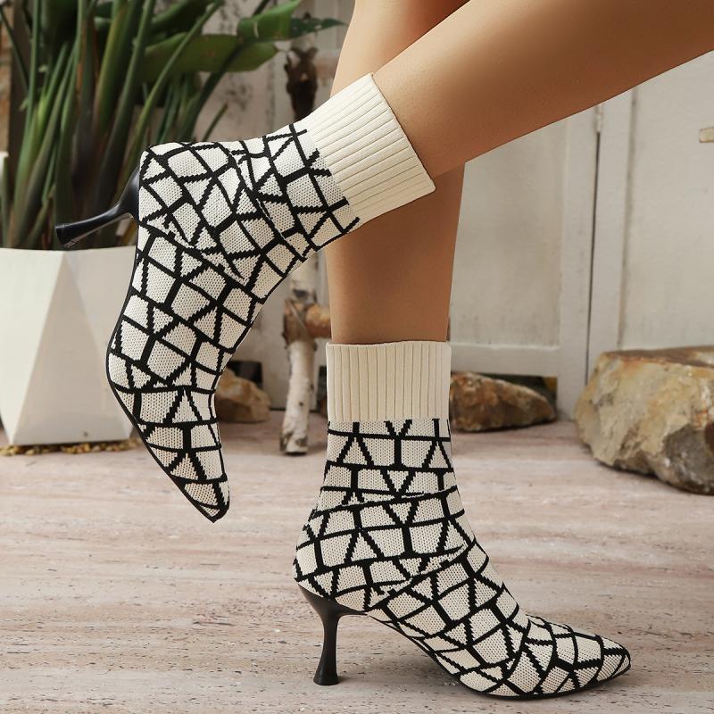 Brand Design Geometric Pattern Boots Women 2025 Autumn Sexy Pointed Toe High Heel Booties Breathable Elastic Socks Boots