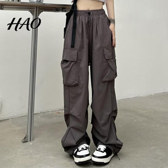 Women Cargo Pants Hip Hop Baggy Solid Color Multi Pockets Lady Trousers Elastic Waist Match Top Loose Breathable Clothes